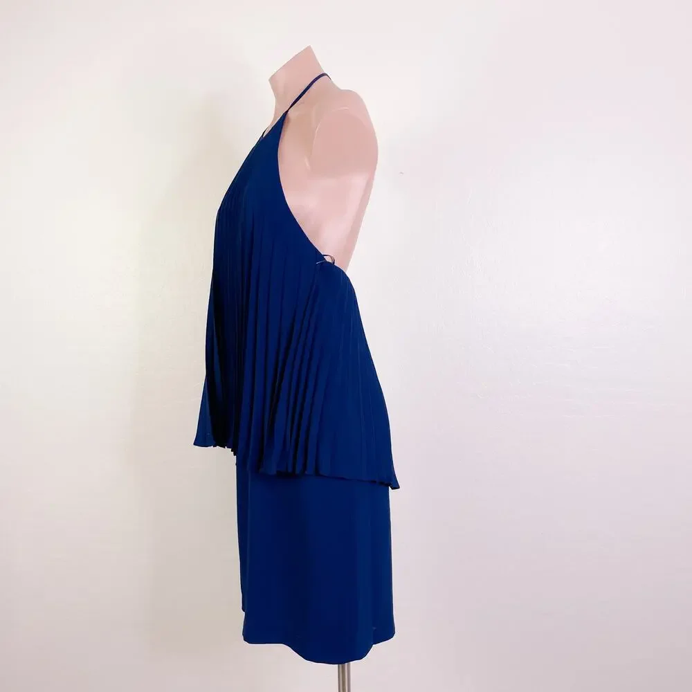 H by Halston Halter Pleated Sleeveless Cocktail Dress Navy Blue size 4 NWT
